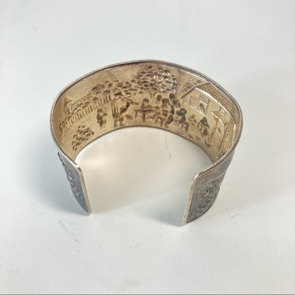 Antique Vintage Hans Jensen Silver Plate Repousse Cuff Bracelet Denmark Scene - Picture 3 of 6